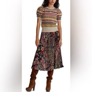 Polo by Ralph Lauren Floral Pleated Midi Skirt in Black and Multicolor